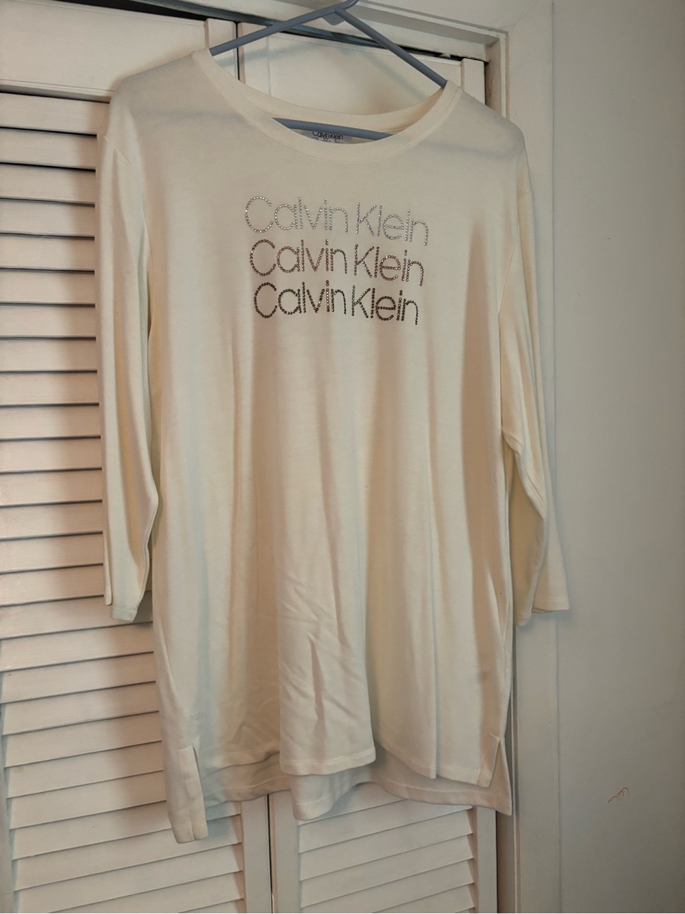 Calvin Klein Cream Logo Long Sleeve Tee with Rhinestone Detail